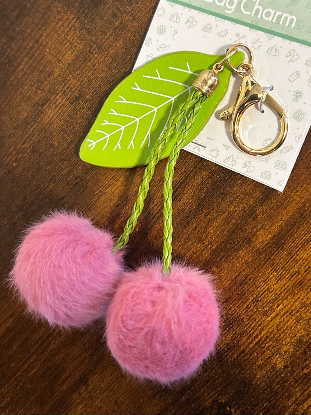 Plush Cherry Bag Charm Keychain with Pink Pom-Pom and Green Leaf